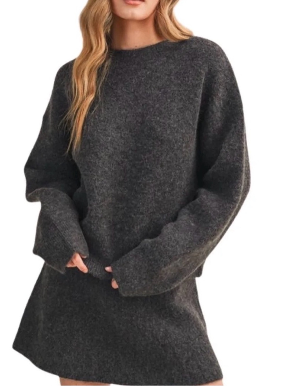 Cozy Oversized Crewneck Sweater and Mini Skirt - Dark Gray
